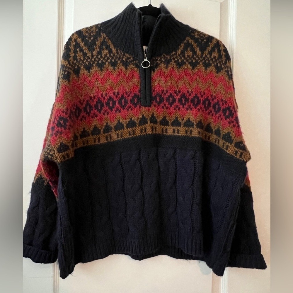 John + Jenn Fair Isle Cable Knit Quarter Zip Sweater Navy Red Brown Small